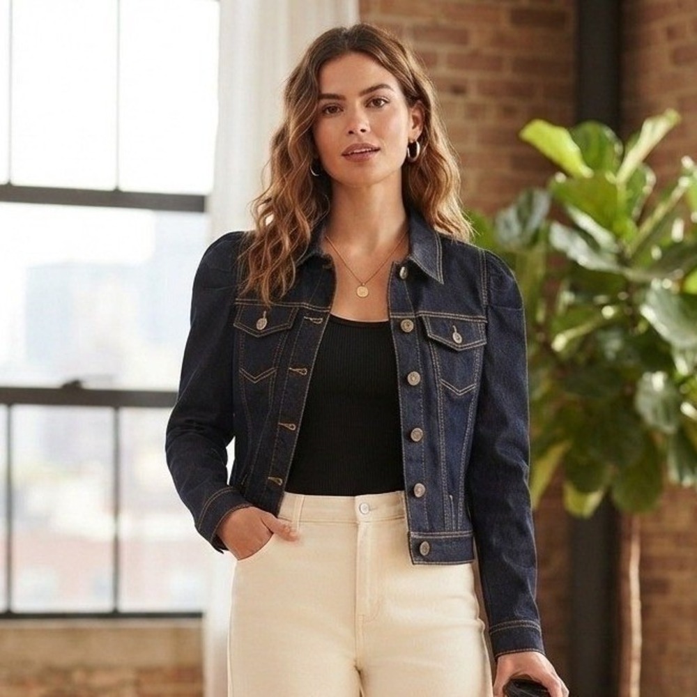 Bisou Bisou Dark Blue Denim Puff Sleeve Button Crop Trucker Jacket Large